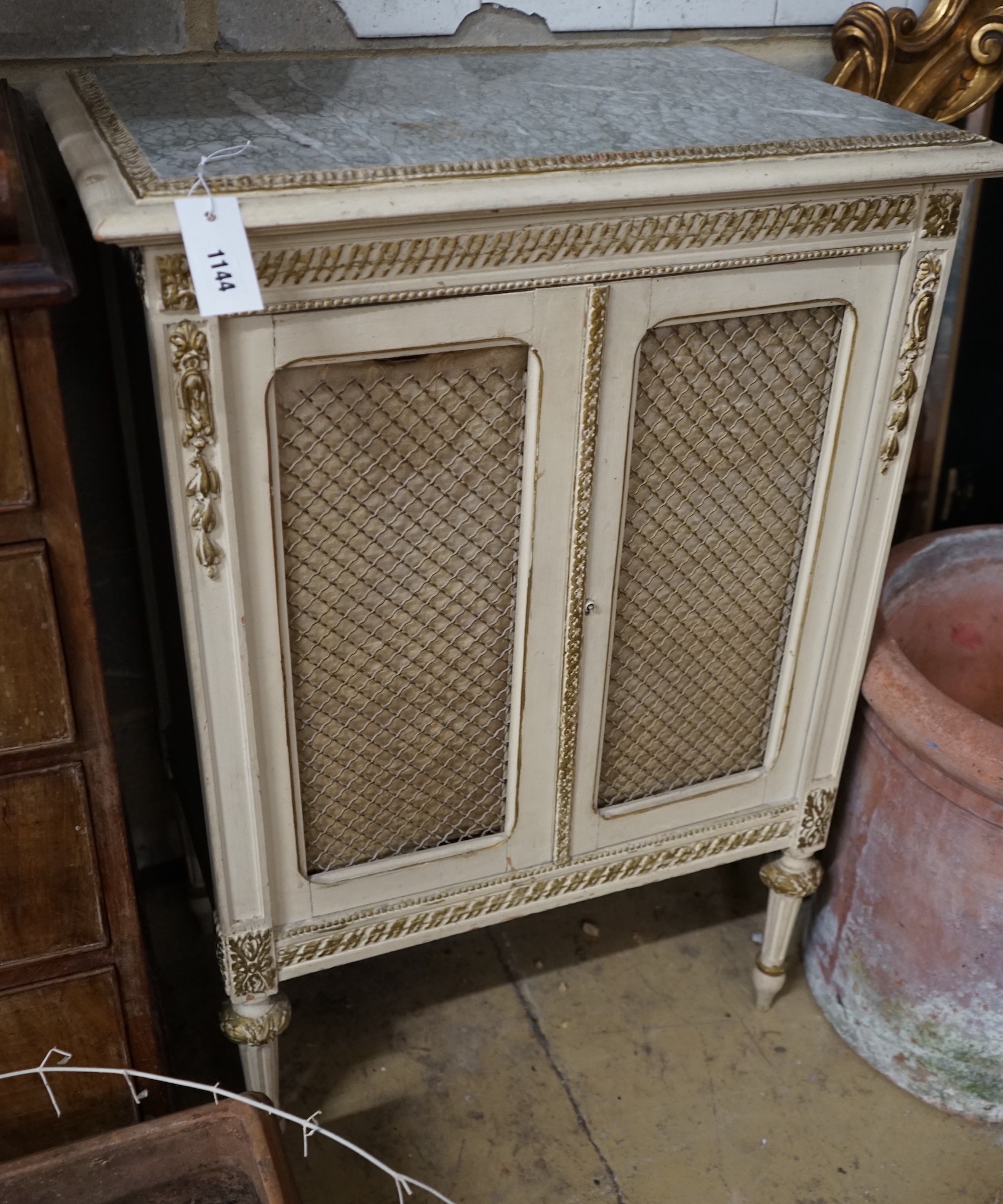 A French painted marble top two door cabinet, width 64cm, depth 40cm, height 94cm